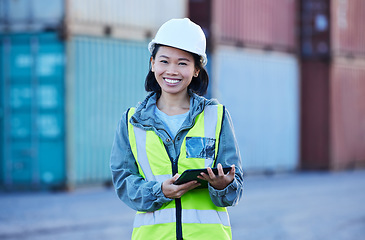 Image showing Cargo, shipping and warehouse woman manager on digital tablet at factory plant, logistics supply chain management. Portrait, happy and online ecommerce orders asian inspector control stock delivery