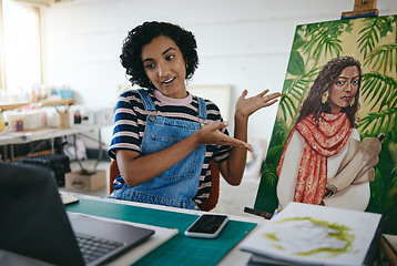 Image showing Painting, video call and laptop with woman and art in workshop studio for presentation, designer and graphic. Illustration, painter and communication with girl and webinar with canvas and creative