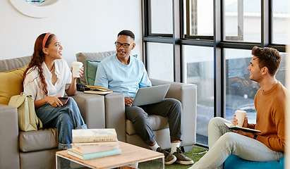 Image showing Relax, university and friends at cafeteria for study lesson group in friendly conversation. Diverse and happy college friendship with students enjoying coffee together on studying break.