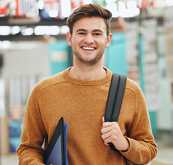 Image showing College, study and education student man portrait with back to school backpack and portfolio in a classroom or university campus. Learning person with motivation, goal and knowledge for a scholarship