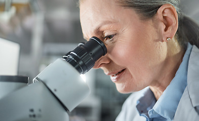 Image showing Microscope research, lab science and scientist working on future medical development for virus at work. Woman in pharmaceutical hospital for solution, innovation and analysis of healthcare medicine