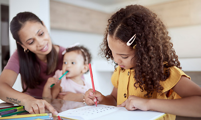 Image showing Girl homework, learning and mother helping her child with school work in a notebook in their home. Kid and mom doing creative planning for education, writing for knowledge and learning alphabet