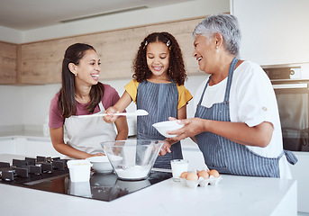 Image showing Happy family, cooking and baking in kitchen child development, learning and skills activity. Brazilian grandmother, mother and girl bonding through teaching or support food process at house