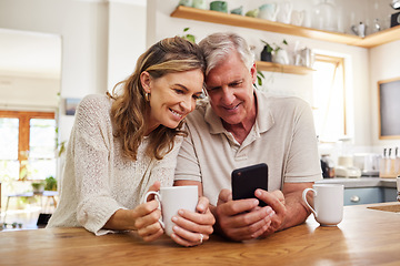 Image showing Senior couple on smartphone reading online social media post, search holiday house website or retirement planning inspiration with home wifi. Happy elderly pension people with cellphone chat app