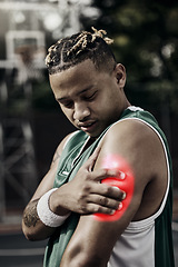 Image showing Arm injury, pain and athlete sport muscle inflammation of a black man with a medical issue. Basketball player holding a sports emergency accident after exercise, fitness and game match workout