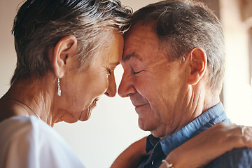 Image showing Love, support and elderly couple hug, commitment and understanding in their home together. Wellness, intimate and romantic seniors enjoy soulmate connection while bonding with affection and romance