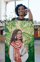 Image showing Art, portrait and woman with pride in her painting while working at a creative studio. Happy Indian artist, designer or painter while watercolor design with paint on canvas in a professional workshop