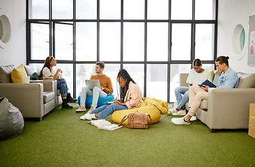 Image showing Students, diversity and relax study space in school, college or university campus for research support. Business education, learning or technology for friends, men or women with scholarship notebooks