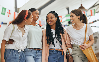 Image showing Group of friends at expo, global community diversity and women in university at world exhibition event. Scholarship for immigration students, international shopping in market and happy college youth