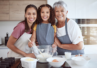 Image showing Cooking, girl and women bond in kitchen for dessert, breakfast food or sweet recipe in house or home. Family portrait, happy smile or baking child learning with parent or Brazilian senior grandmother