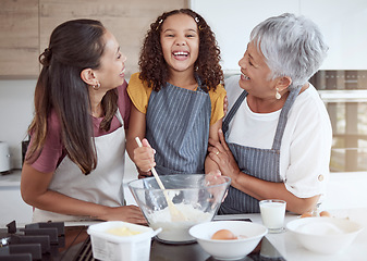 Image showing Happy family, cooking and learning with smiling girl bonding with her mother and grandmother in a kitchen. Love, teaching and baking by retired grandparent enjoying fun activity with child