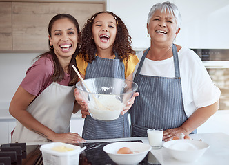 Image showing Grandmother, mom and child baking as a happy family in the kitchen with young girl learning a cake and cookies recipe. Mama and old woman teaching kid to bake with eggs, butter and flour with milk