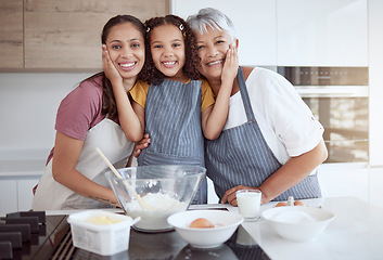Image showing Baking, cooking or girl bonding with family in kitchen for breakfast food or learning sweet dessert recipe in home. Brazilian mother, grandmother and women in hug with happy child for house portrait