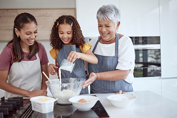 Image showing Cooking, girl or women bond helping with milk in dessert, breakfast food or sweet recipe in house or family home kitchen. Happy, smile or baking parent, senior grandmother or learning Brazilian child