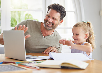 Image showing Father, girl child and e learning on laptop studying together on video conference or internet video call at house. Online home school education dad teaching young kid or helping daughter on homework