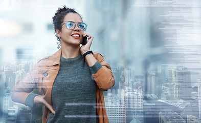 Image showing Business woman, phone call and city double exposure conversation speaking on business project strategy overlay. Mexico girl employee contact or talking on 5g mobile smartphone communication device