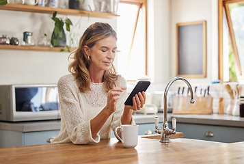 Image showing Senior woman reading phone news, mobile apps and social media notification in morning home kitchen. Relax retirement lady typing smartphone, online network website and 5g tech connection in apartment