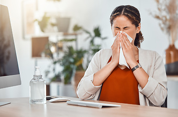 Image showing Blowing nose, flu and sick covid businesswoman working in modern office pandemic, allergy symptoms and tissue sneeze. Female employee cold health problems, sinusitis and corona virus bacteria risk