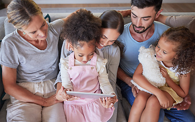 Image showing Grandparents, parents and children elearning with a tablet on sofa in family home. Kids on digital gadget for online learning, kids websites and educational games showing family digital education