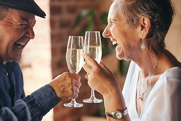 Image showing Champagne, toast and elderly couple laugh and relax, bond in celebration of anniversary or retirement in their home together. Love, happy and success with senior man and woman cheers to relationship