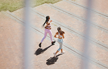 Image showing Running, fitness and women friends exercise on steps outdoor for healthy lifestyle, wellness motivation and accountability. Sports friends, couple or runner people doing workout training together