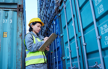 Image showing Shipping, cargo and stock container with woman reading checklist for ecommerce delivery logistics at warehouse. Supply chain, distribution and industrial management by asian manager at a factory