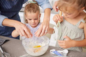 Image showing Cooking, girls or bonding mother helping with eggs for dessert, breakfast or sweet recipe in house or family home kitchen. Hands, parent and learning children in baking healthy food and wellness diet