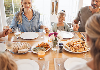 Image showing Big family, praying thanks and food prayer for lunch, dinner table and worship, gratitude and respect in New Zealand home. Christian parents, kids and holding hands for faith, god and eating together