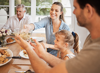 Image showing Family, food and lunch meal with child, parents and grandparents sitting together for holiday memories at dining table at home. Happy, bonding and love with men, woman and girl in their Canada house