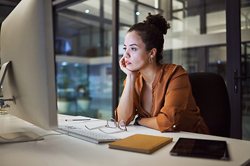 Image showing Burnout, report and compliance with a business woman working on a computer in her office late at night. Stress, frustrated and problem with an anxious female employee at work on a company deadline