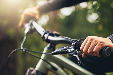 Image showing Forest, mountain biking and trees, hands on handlebar closeup with bokeh. Fitness, health and a man on a bike on outdoor adventure trail. Nature, freedom and exercise, cycling in park on a summer day