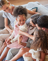 Image showing Relax, love and big family with adoption children bonding with parents and grandmother in home. Happy black kids resting with caucasian dad and mom together on living room sofa in house.