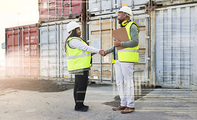 Image showing Logistics handshake, futuristic ecommerce and team doing b2b business at outdoor distribution warehouse. African shipping employees with welcome during partnership meeting at a container factory