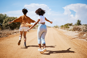 Image showing Summer, countryside and friends running in road in nature, celebrating and freedom and traveling together. Adventure, energy and women exploring and having fun on trip in Colombia, excited and happy