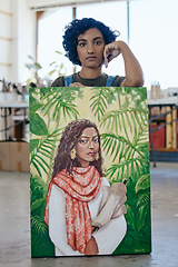 Image showing Portrait, painter and woman with creative painting on canvas in art gallery or studio after working with watercolor palette. Talent, and young Indian artistic student with creativity in workshop