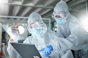 Image showing Blood, tablet and ppe scientist for covid vaccine results, test or analytics on medical digital software app in laboratory. Innovation science teamwork of biotechnology expert people for corona virus