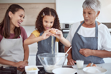 Image showing Happy family, child and grandmother cooking in kitchen with flour and egg food learning to make a cake or cookies with women support, love and care. Mexico kid in home baking together for mothers day