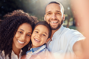 Image showing Portrait, selfie and happy family in a park, relax and smiling while taking a picture and bonding in nature. Love, smile and face of excited kid enjoying quality time with loving, caring mom and dad