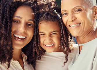 Image showing Portrait, face and happy family bonding outdoors, smiling and relaxing together. Elderly black woman enjoying quality time with cheerful grandchild in summer, carefree and relaxed on vacation day