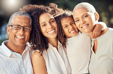 Image showing Happy family of grandparents, mother and girl love to smile, together for support, trust and care outdoor. Group of people of senior couple, mom and young child hug in solidarity, happiness and joy