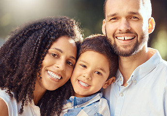 Image showing Mother, child and father in a portrait as a happy family outdoors enjoying summer holiday and bonding together. Smile, mom and dad with boy toddler love relaxing and sharing quality time in nature