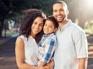 Image showing Happy family portrait, boy kid and parents at park outdoors for love, relax and fun walk together in Portugal. Smile mom, dad and young son child in summer garden for happiness, quality time and care