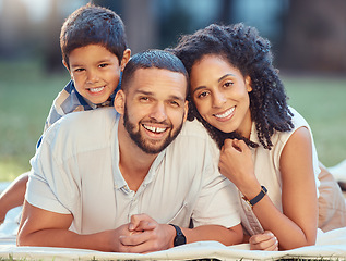 Image showing Garden, picnic and happy family portrait relax in nature, bond on summer vacation outdoor. Love, kids and black family enjoy freedom and quality time with loving kid, embracing and playing together