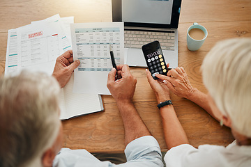 Image showing Home budget, finance planning and senior couple calculating their expenses, bills or income during retirement with a calculator, laptop and paper documents from behind. Man and woman discuss savings