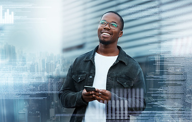 Image showing Overlay, phone and black man trading on the stock market happy about his future financial investments. Smile, cryptocurrency and young trader excited with the price growth news in the digital economy