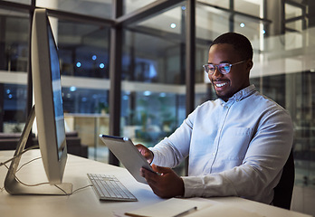 Image showing Business tablet, internet research at night and happy businessman working online in a dark office. Corporate manager planning corporate digital proposal on the web while doing overtime on technology