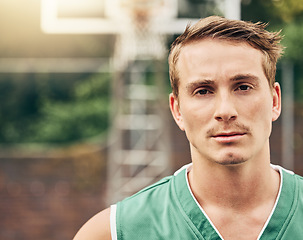 Image showing Basketball, fitness man and face with goals for wellness exercise, competition workout or professional training. Portrait, sports athlete and player with mindset for match or game on court