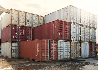 Image showing Container, shipping and logistics cargo storage on a port for international and global freight transport. Ecommerce stock, delivery service or trade of commercial distribution at outdoor supply chain