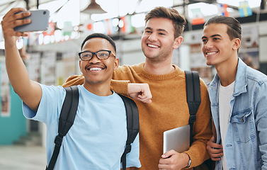 Image showing Selfie, university campus and students friends portrait for group networking, social media update or cellphone digital memory. College, school men at education or learning scholarship fair on 5g tech