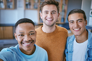 Image showing Selfie, education and student in a library for knowledge, learning and study on university campus. Scholarship, vision and happy with men friends in college for school, trust and study together